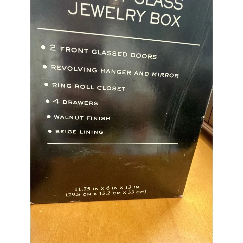 FRONT GLASS JEWELRY BOX-RING ROLL CLOSET, 4 DRAWERS, REVOLVING HANGER,MIRROR NEW